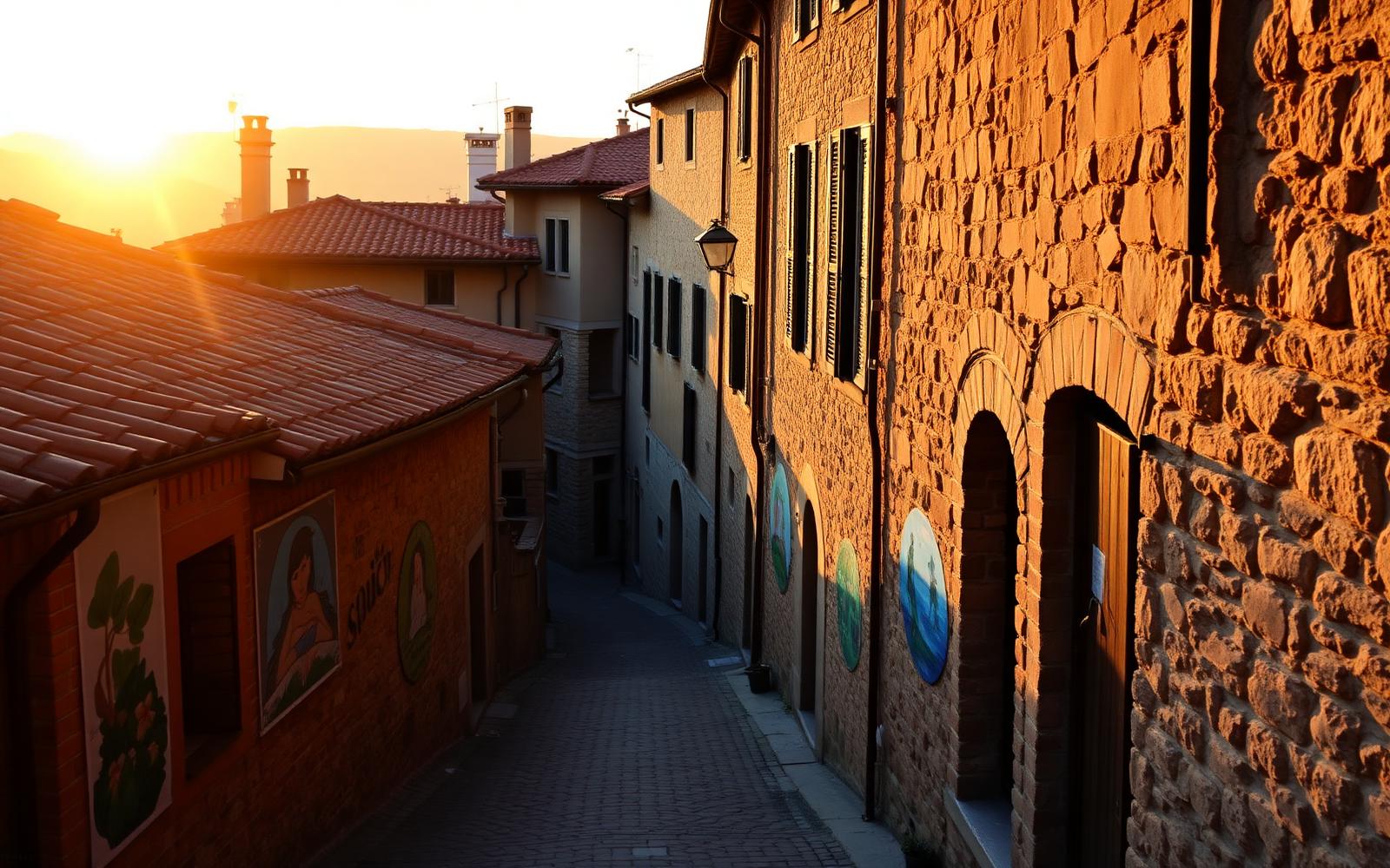 Vicolo di Dozza con murales al tramonto